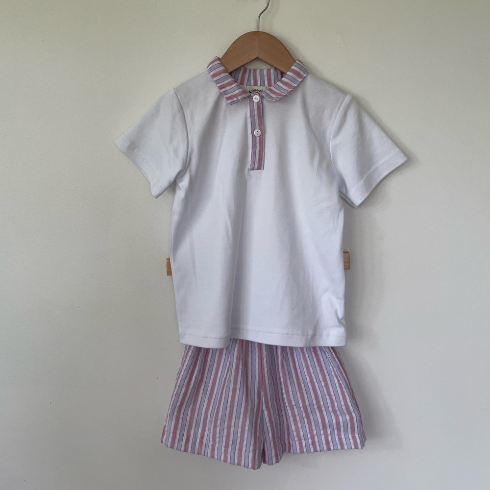 The Oaks Apparel Polo Top with Red & Blue Striped Collar and Shorts Set